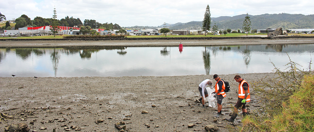 People collecting litter from Hātea River.