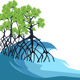 Coastal trees and waves graphic.