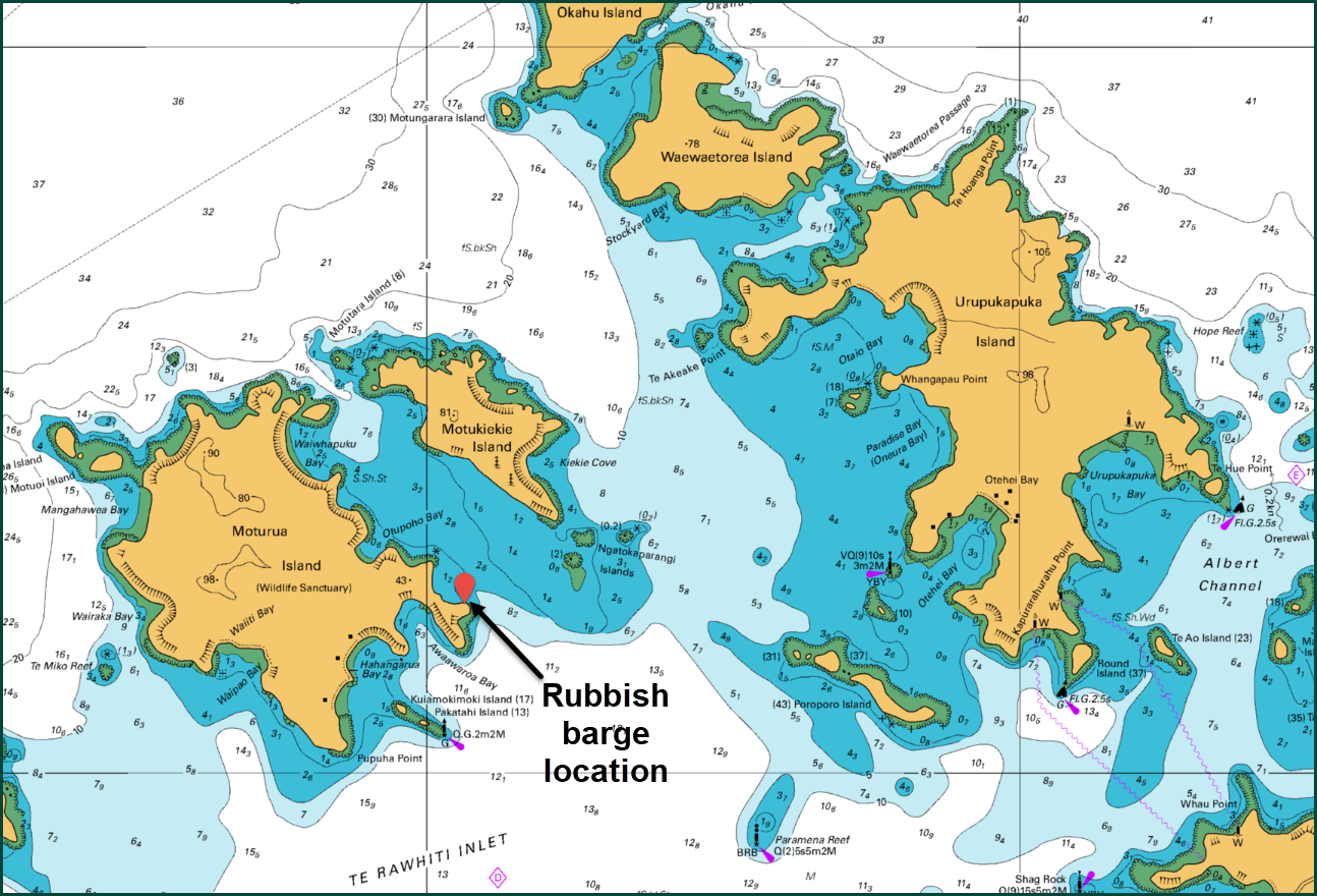 Maritime map displaying the location of the rubbish barge in the Bay of Islands.