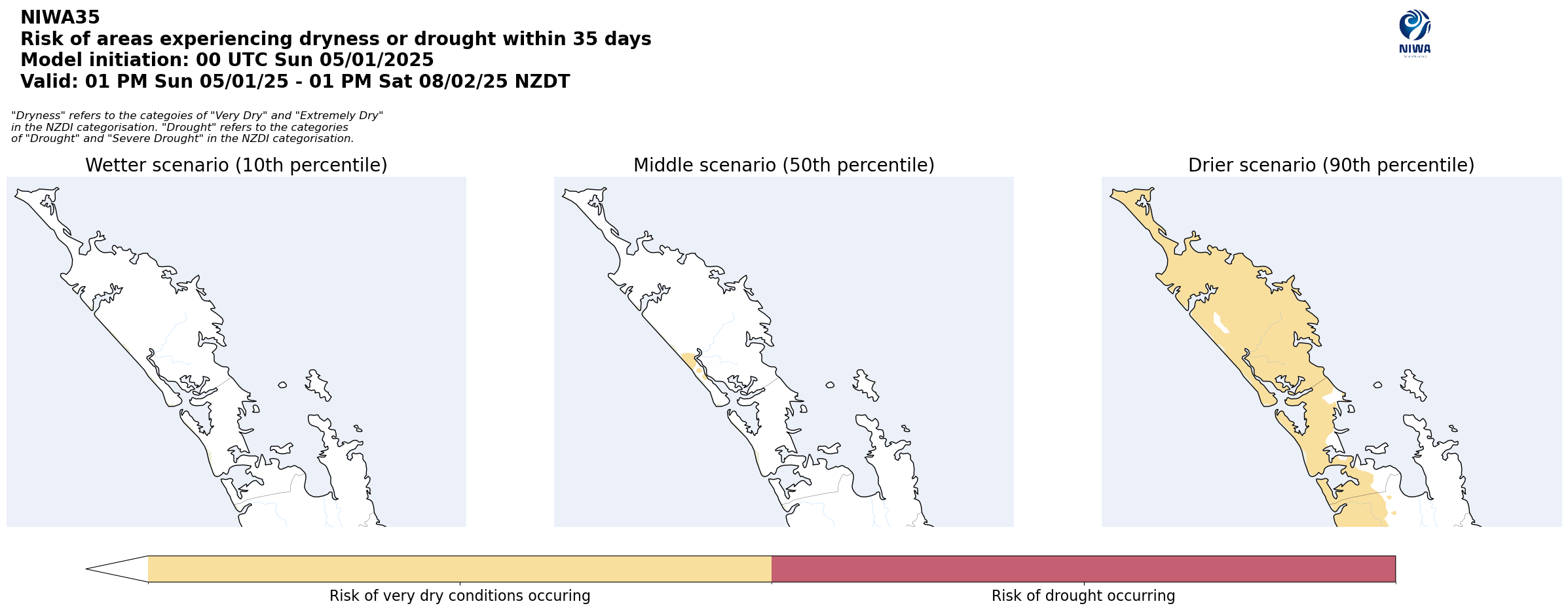 Figure 9: Drought risk assessment for Northland from NIWA35 from January 5th. There is a moderate risk of dry conditions in the west (50th percentile), and minor risk of very dry conditions (90th percentile only).