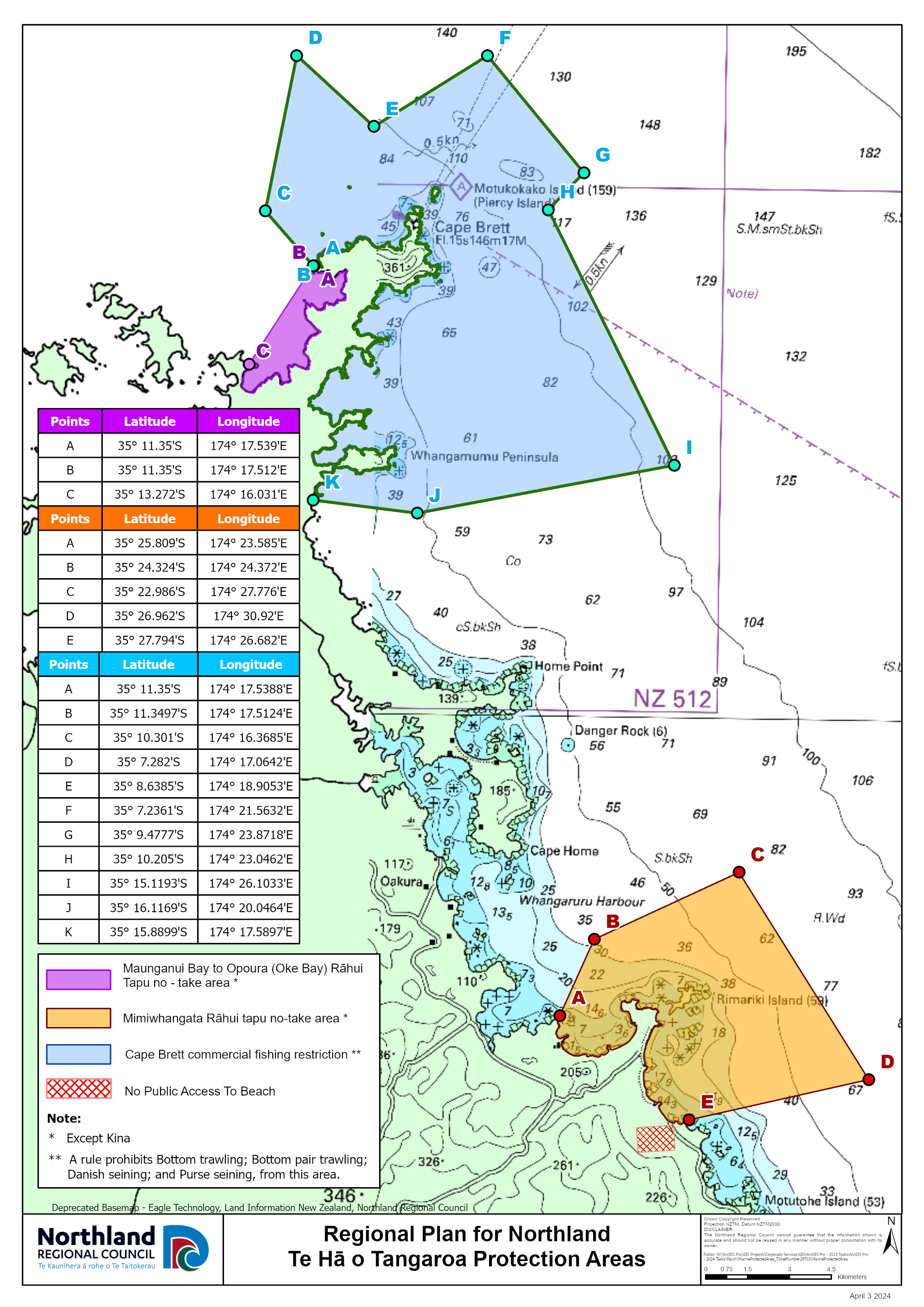 Open a PDF version of the latitude and longitude Te Hā o Tangaroa Protection Area map.