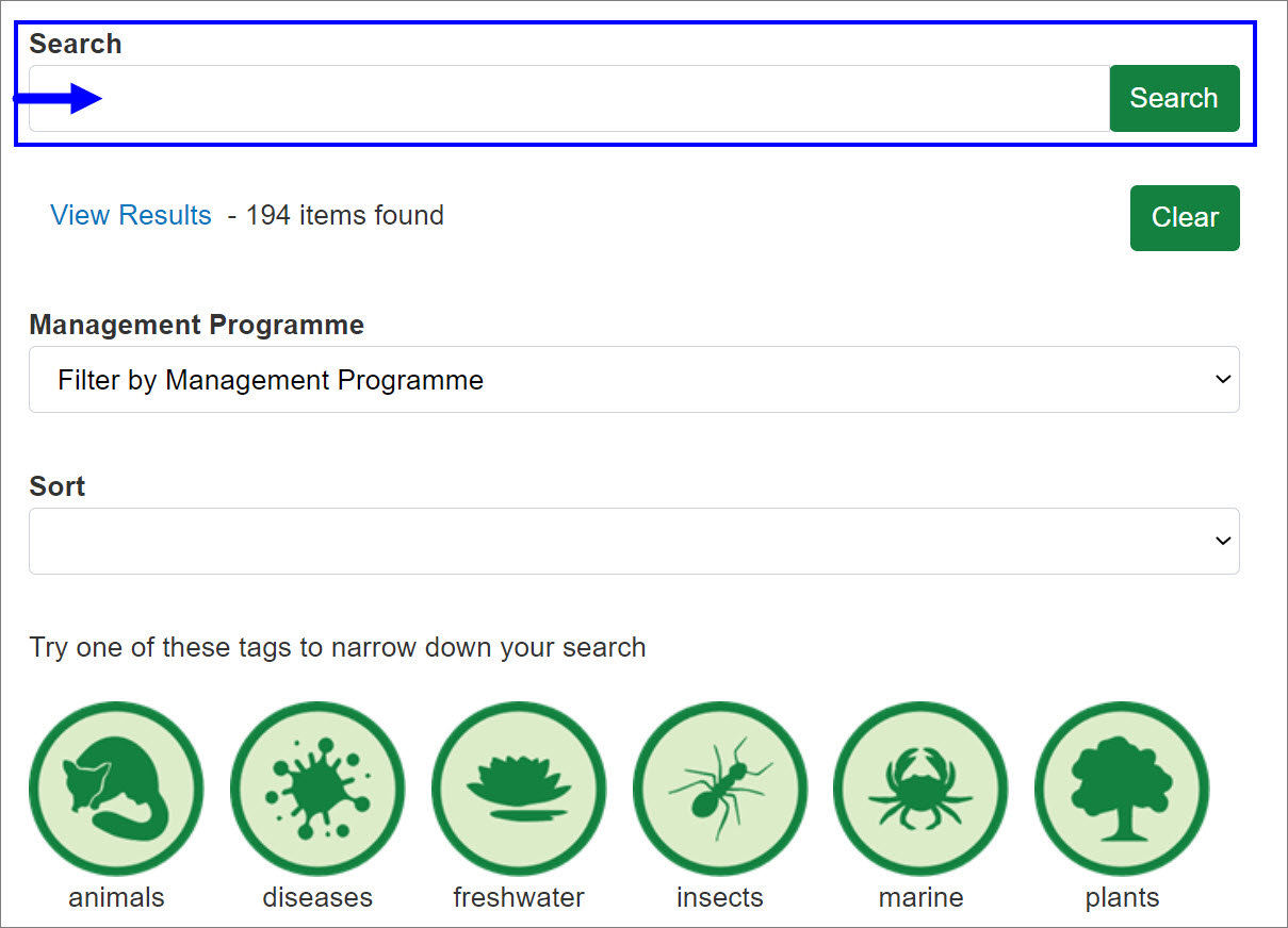 Pest control hub screenshot with search field outlined with a blue box and blue arrow pointing to the search field.