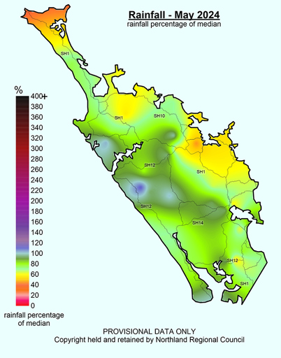 Rainfall percentage of median for May 2024 across Northland with a range of 40 to 112