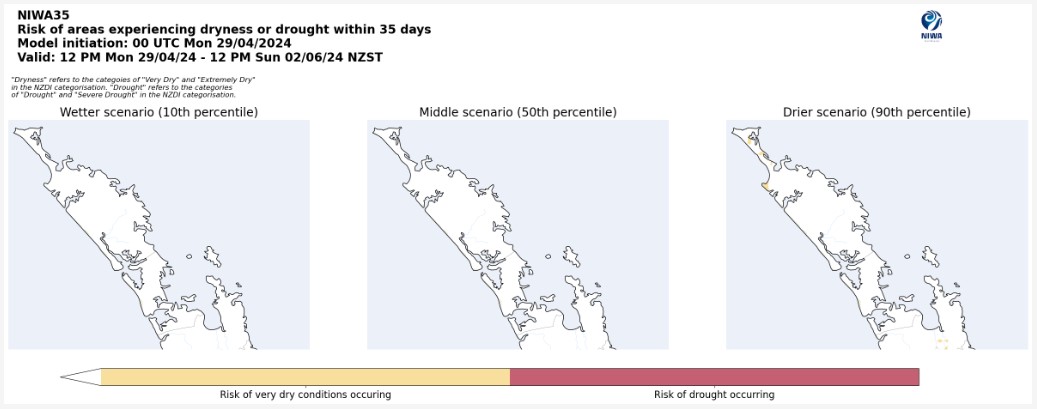 NIWA35 NZDI model which combines Rainfall, soil moisture and evaporation for 29-4-2024 – 2-6-2024.