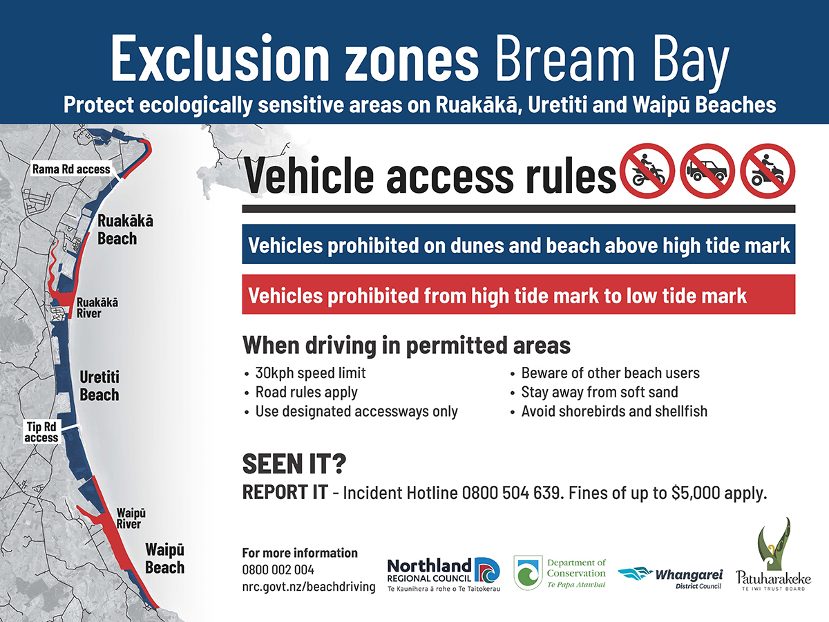 Map showing driving on beaches exclusion zones in Bream Bay.