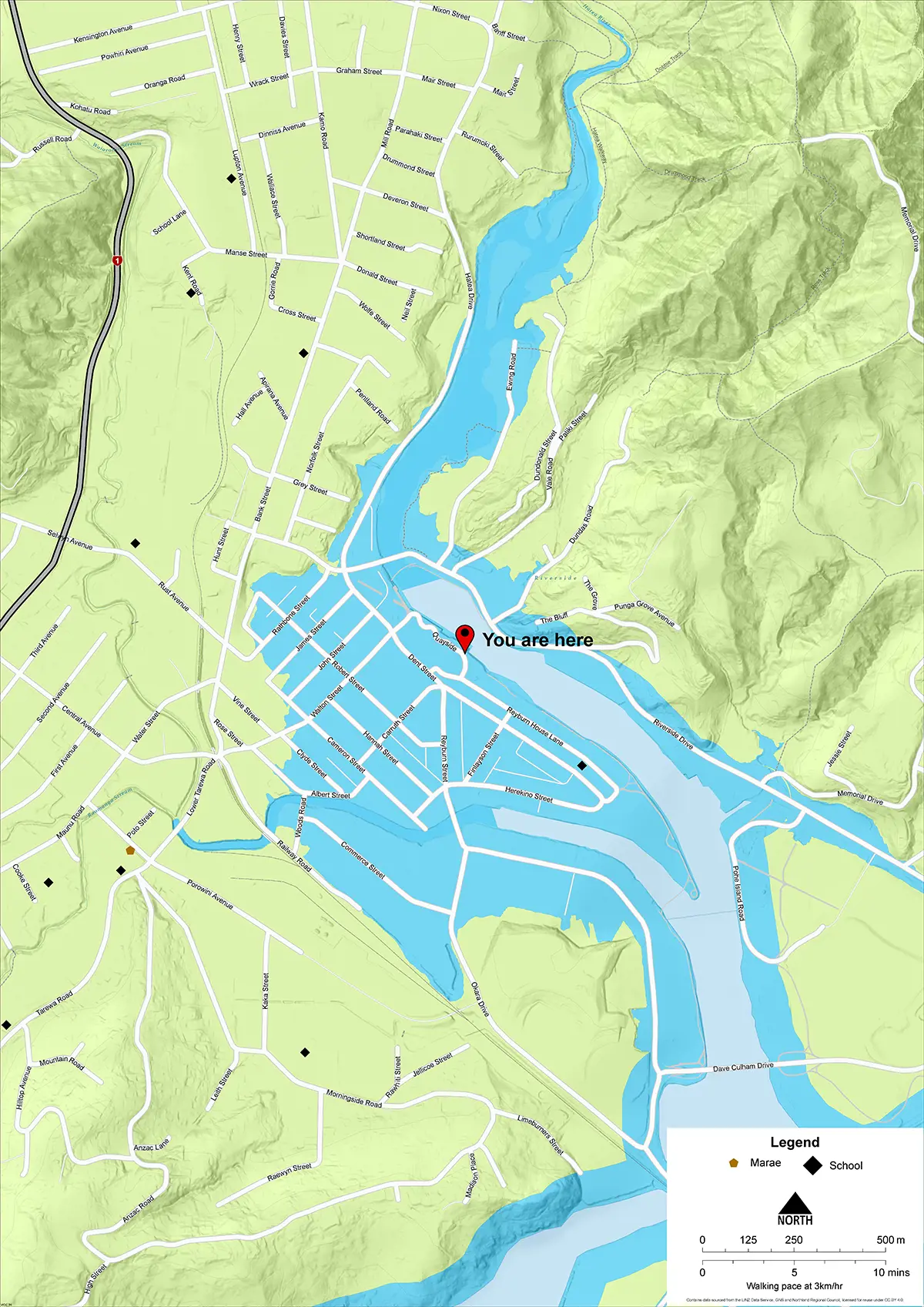 A map displaying updated tsunami inundation zones in the Whangārei CBD.